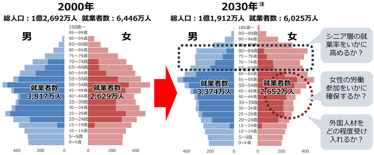 図表1-2　日本の人口ピラミッドと年齢別の就業者数（2000年・2030年）